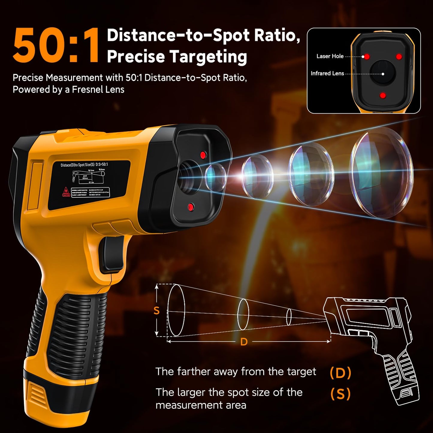 Industrial Infrared Thermometer Gun, 50:1 D:S Ratio, -58°F-3992°F, Triple Laser, High Precision Temp Gun for Kiln, Engine, HVAC, BBQ, Industrial Inspection