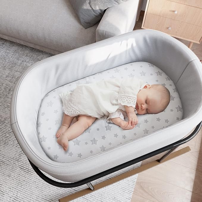 Bassinet Sheets & Waterproof Bassinet Mattress Pad Protector 4 Pack Set, Viscose Terry, Universal Fit for Oval, Hourglass and Rectangular Mattress, Grey & White