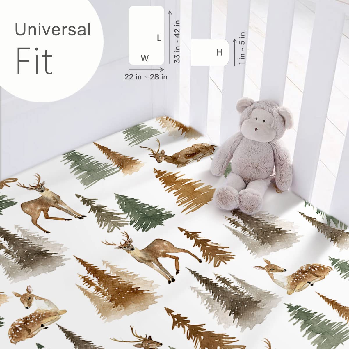 Stretchy Ultra Soft Jersey Knit Fitted Pack n Play Sheets Set 2 Pack, Portable/Mini Crib Sheets with Deep Pocket, Fitted Playard Mattress Safe and Snug, Stylish Watercolor Deer and Leaves