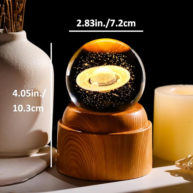 3D Saturn Crystal Ball 2.36“ Engraved with Rotated Wood Bases, Crystal Sphere Saturn Lamp Astronomy Gifts Physics Science Decor Space Gifts for Women Men