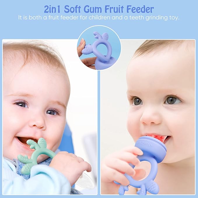 Baby Solids/Frozen Fruit Feeder Pacifier, Infant Teether Toy 4M+, BPA-Free Silicone Pouch & Nipple, Safely Introduce Solids, Teething Relief, 2-Pack (Deer - Green Purple, S/M/L)