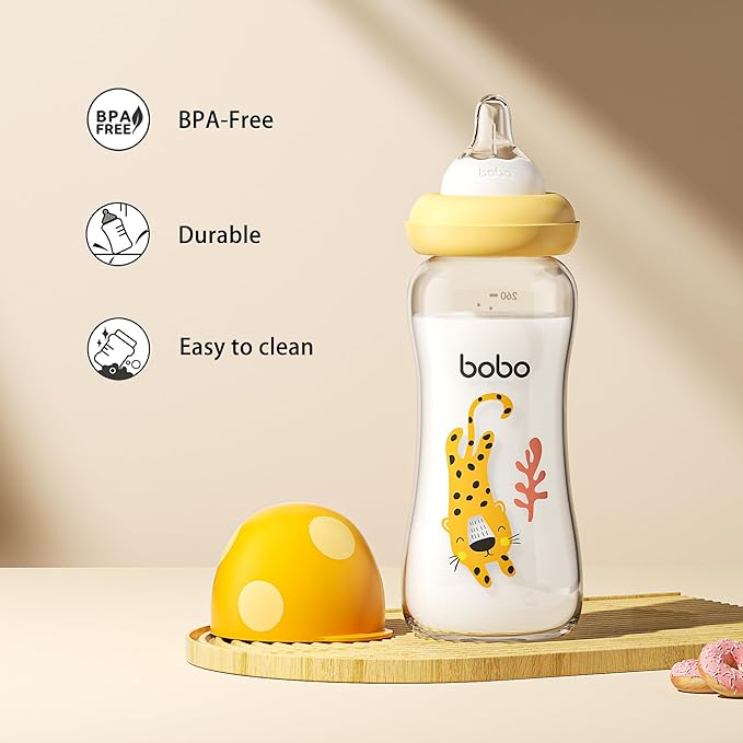 YOHKOH Natural Glass Baby Bottle with Natural Response Nipple, Newborn Anti-Colic Baby Bottles, Wide Neck Mushroom Cap Baby Bottle, Clear (8.8ounce (Pack of 4), Yellow2)