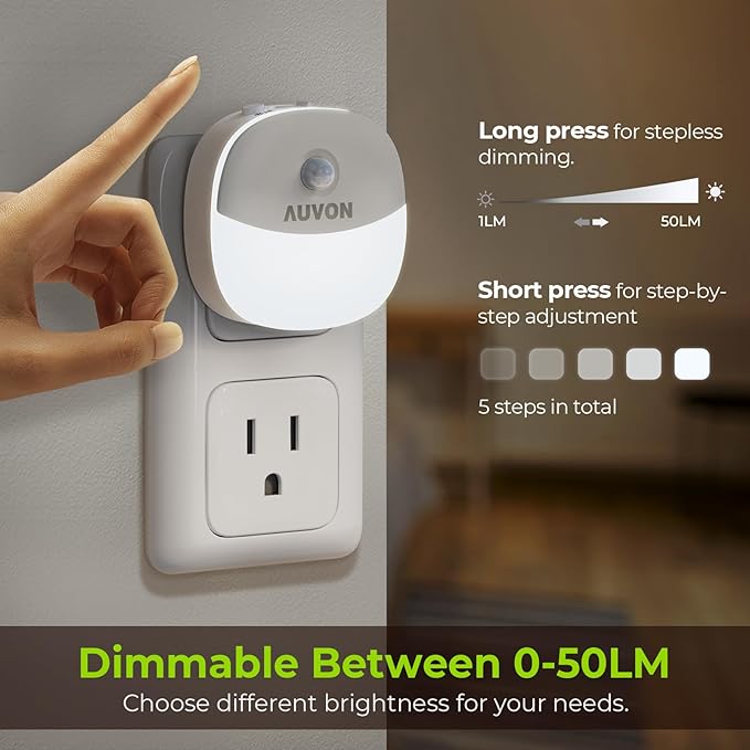 AUVON Plug in Night Light with Motion Sensor and Dusk to Dawn Sensor, Mini Cool White LED Nightlight with 1-50 lm Adjustable Brightness for Bathroom, Hallway, Stairs, Bedroom, Kitchen, 4 Packs
