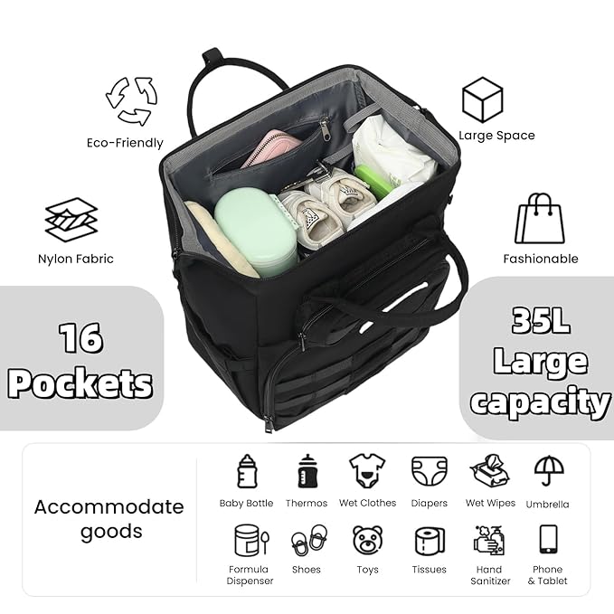 Diaper Bag Backpack for Dad and Men, Large Travel Baby Bag with Changing Pad, Pacifier Case, Removable Flag Patch - Baby Shower Gifts - Shadow Black