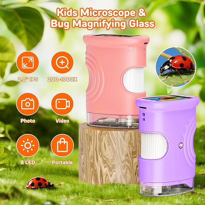 1000X Handheld Digital Microscope for Kids with 2.0" IPS Screen, Portable STEM Science Lab Toy, Rechargeable Pocket Microscope Educational Gift for Boys & Girls Age 4-6 8-12, Pink