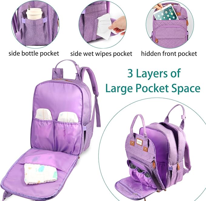LANDICI Diaper Bag Backpack, Multifunction Baby Diaper Bags with Changing Pad, Stroller Straps & Pacifier Case, Travel Essentials Back Pack for Mom Dad Boy Girl, Large Capacity, Waterproof, Lavender