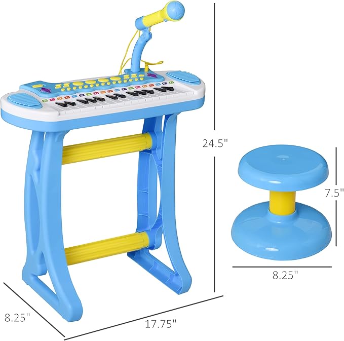 Qaba 31-Key Kids Toy Keyboard Piano, Electronic Musical Instrument with Multiple Sounds, Stool, Microphone and Bright Flashing Lights, Blue