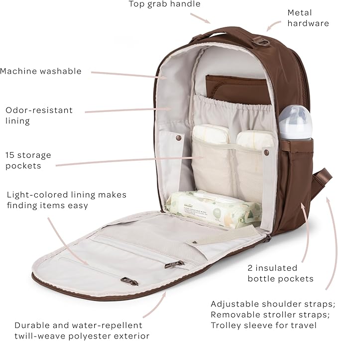 JuJuBe Classic Diaper Bag Backpack with Portable Changing Pad, Baby Stroller Straps, Large Travel Backpack for Boy or Girl, For Carrying Baby Bottles, Wipes, Diapers, Pacifiers, Espresso