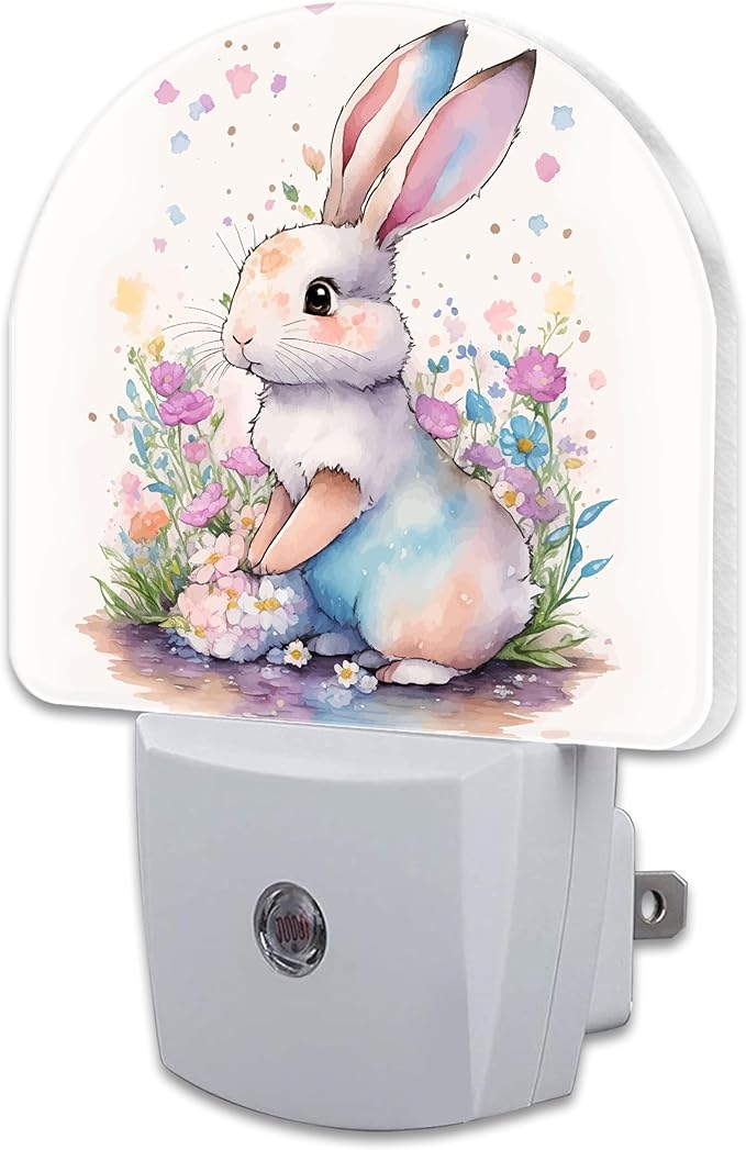 Easter Bunny and Flowers Night Light, Watercolor Cute Rabbit and Floral Dusk to Dawn Night Light Plug in,0.5w Energy Saving Sleep Friendly NightLight for Kids Boys Girls Home Decor