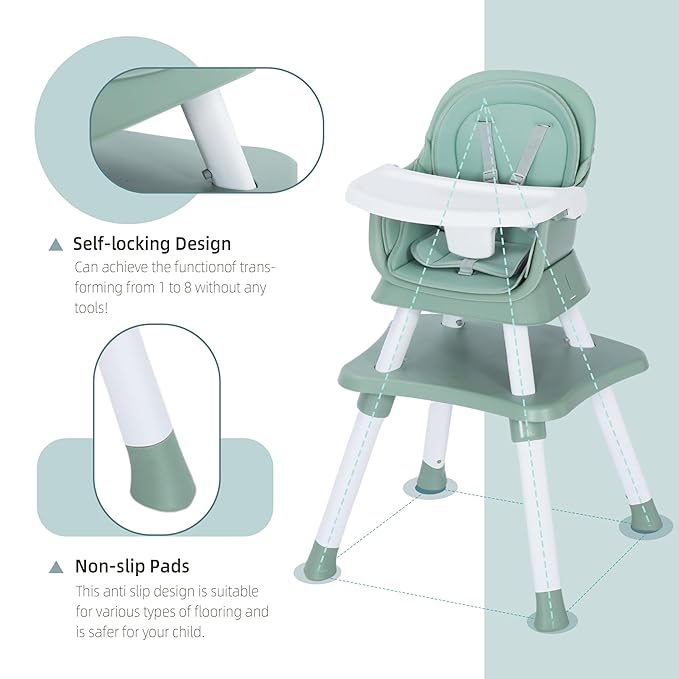 8 in 1 Baby Highchair, Convertible High Chair for Babies and Toddlers, Booster Seat w/5-Point Safety Belt, Toddler Building Block Table, Dishwasher Safe Tray, No Tool Install, Green