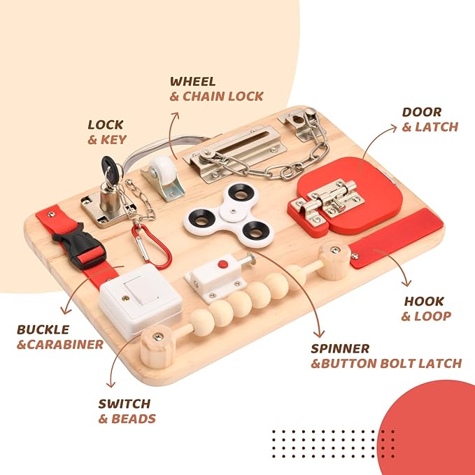 Montessori Busy Board for Toddlers - Wooden Educational Fidget Toys - Autism Sensory Products - Activity Board for Kids Baby Boys Girls, ADHD- Fine Motor Kids Travel Toys