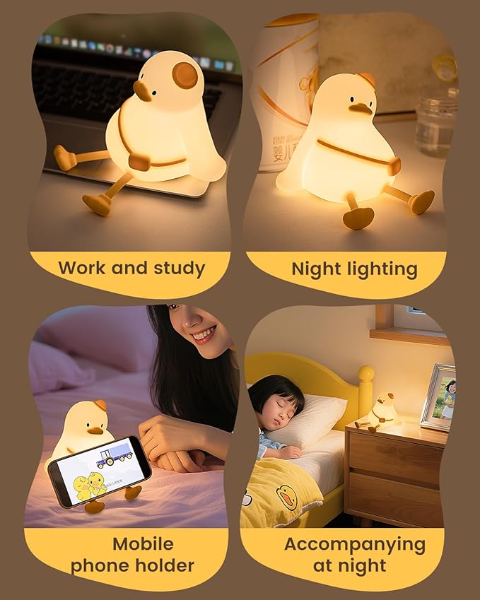 Kids Night Light Duck Design, Silicone Tap Control Bedside Lamp with Time Auto-Off, Cute Portable LED Nursery Light for Baby, Toddler, Bedroom