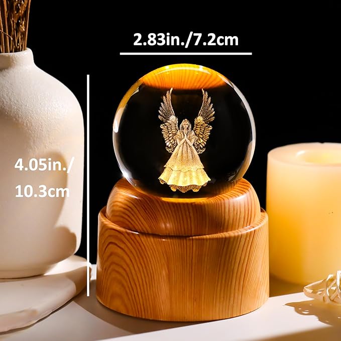 Guardian Angel Gifts 2.36in 3D Engraved Angel Crystal Ball with Rotatable Warm Light Wood Base, Guardian Angel Figurines Memorial Gifts for Women Mom Friends