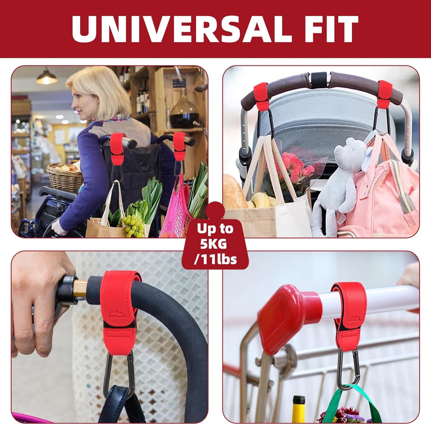Baby Stroller Hooks Bag Hooks for Hanging Diaper Bags Multipurpose Hooks for Grocery Shopping Bags Premium Vegan Leather Pram Straps 2 Pcs (red)