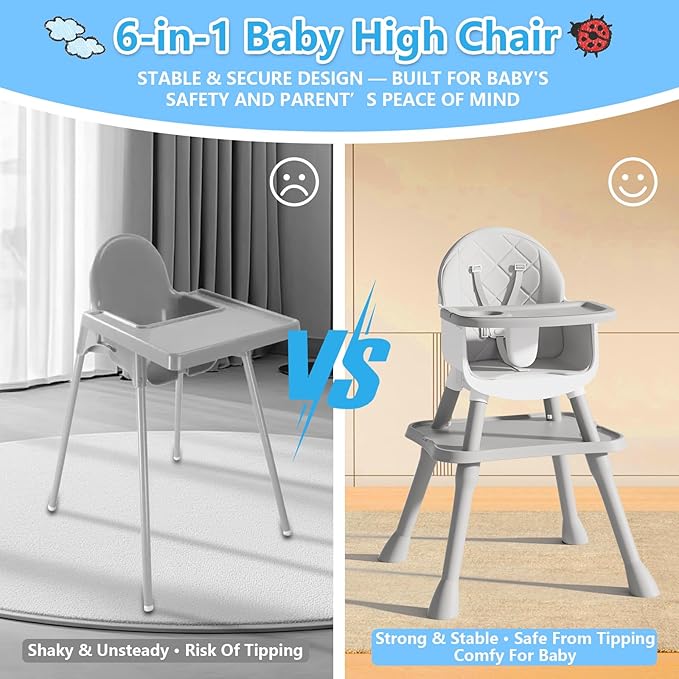 6 in 1 Baby High Chair for Babies and Toddlers, Booster Seat, Kids Learning Table & Chair (Grey)