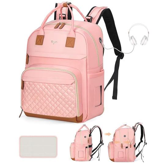 Diaper Bag Backpack - Extra Large Diaper Bag for 2 Kids Twin, Travel Baby Bags for Mom Dad 25-37L Expandable with Changing Pad Earphone Hole, Solid Pink