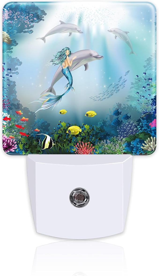 Cute Dolphins with Mermaid Night Light, Underwater World Marine Fish Corals Dusk to Dawn Night Light Plug in,0.5w Energy Saving Sleep Friendly NightLight for Kids Boys Girls Home Decor