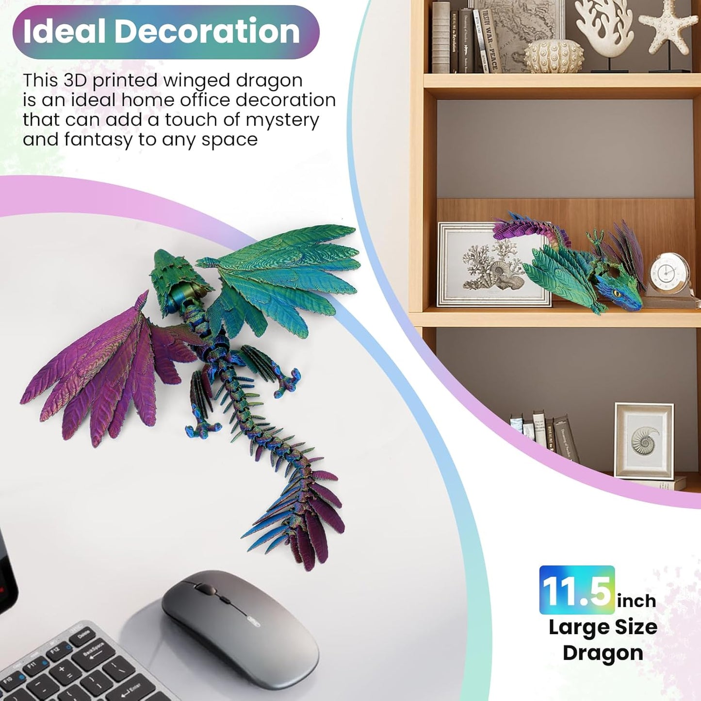 3D Printed Dragon with Wings, Feathered Wyvern Dragon,Full Articulated Crystal Dragon Fidget,Realistic Large Pet Dragon, Flexible Shoulder Dragon Stuff, 3D Printed Animals Toy.