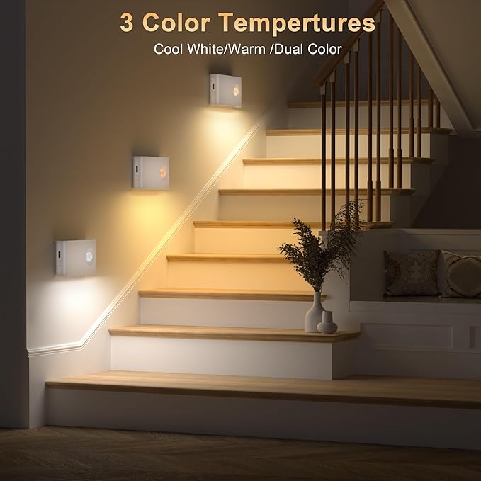 YiaMia Stair Lights Motion Sensor Indoor, 6-Pack Rechargeable Night Lights with 3 Color Modes, Wireless Under Cabinet Lighting for Stairs, Hallway, Kitchen, Bathroom