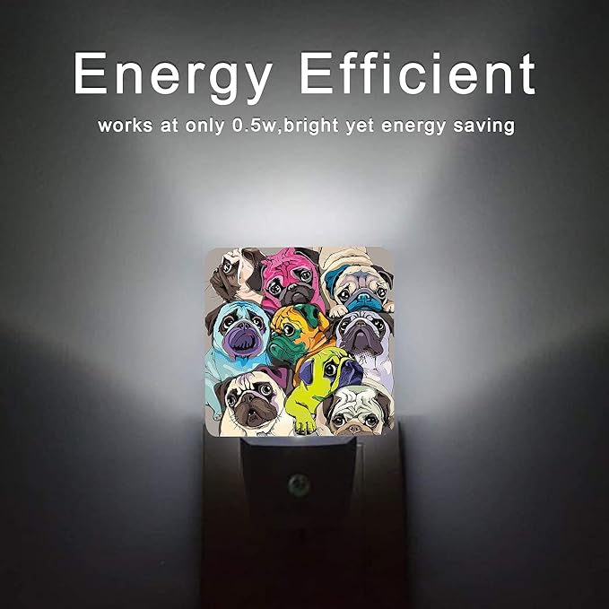 Dog Night Light,Colorful Pugs Dogs Night Lights Plug into Wall with Dusk to Dawn Light Sensors 0.5W Dim Lamp for Bedroom