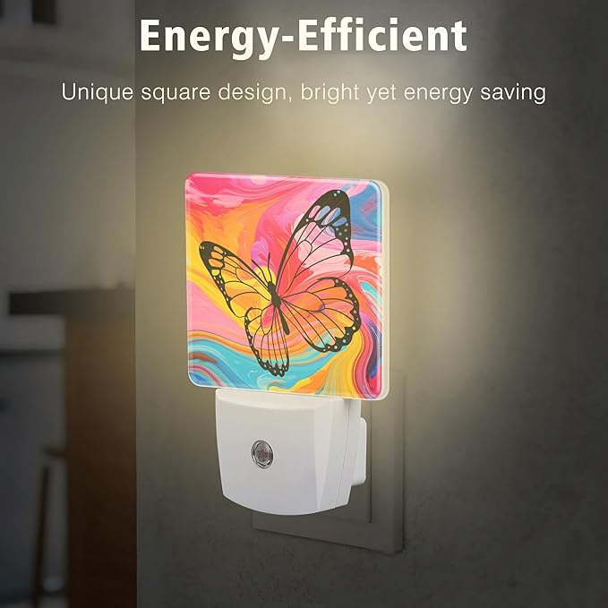 Butterfly Night Light Colorful Marble Plug in Night Lights LED Lamp with Dusk to Dawn Sensor Auto Energy Saving Square Lights for Bedroom Bathroom Hallway Home Wall Decor Nightlight