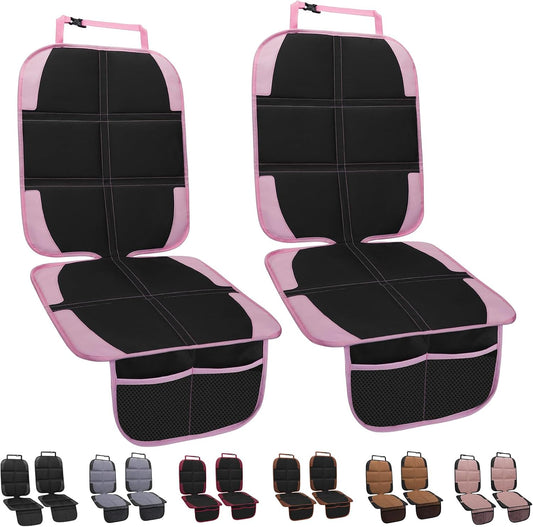 Child Car Seat Protector, 2 Pack with Mesh Pockets & Non-Slip Backing, 600D Durable (Pink, Standard)