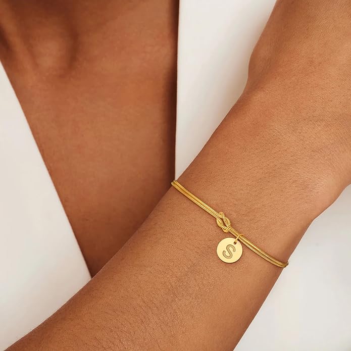 Gold Initial Bracelets for Women Girls - 18K Gold Plated A-Z Initial Bracelet Dainty Knot Bracelet Gold Bracelets for Women Teen Girl Gifts Trendy Stuff