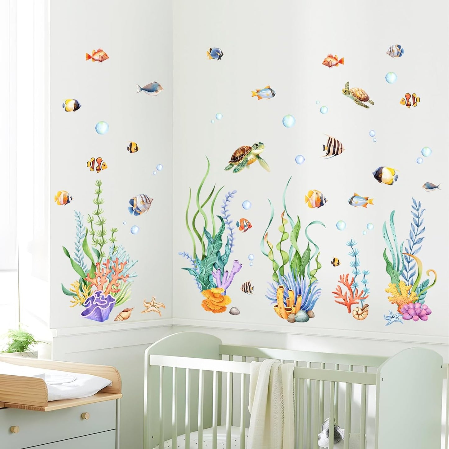 Supzone Under The Sea Wall Decals, Seaweed Grass Ocean Fish Sea Turtle Underwater Wall Stickers Vinyl Decor for Baby Boys Kids Nursery Bedroom Bathroom Classroom Playroom