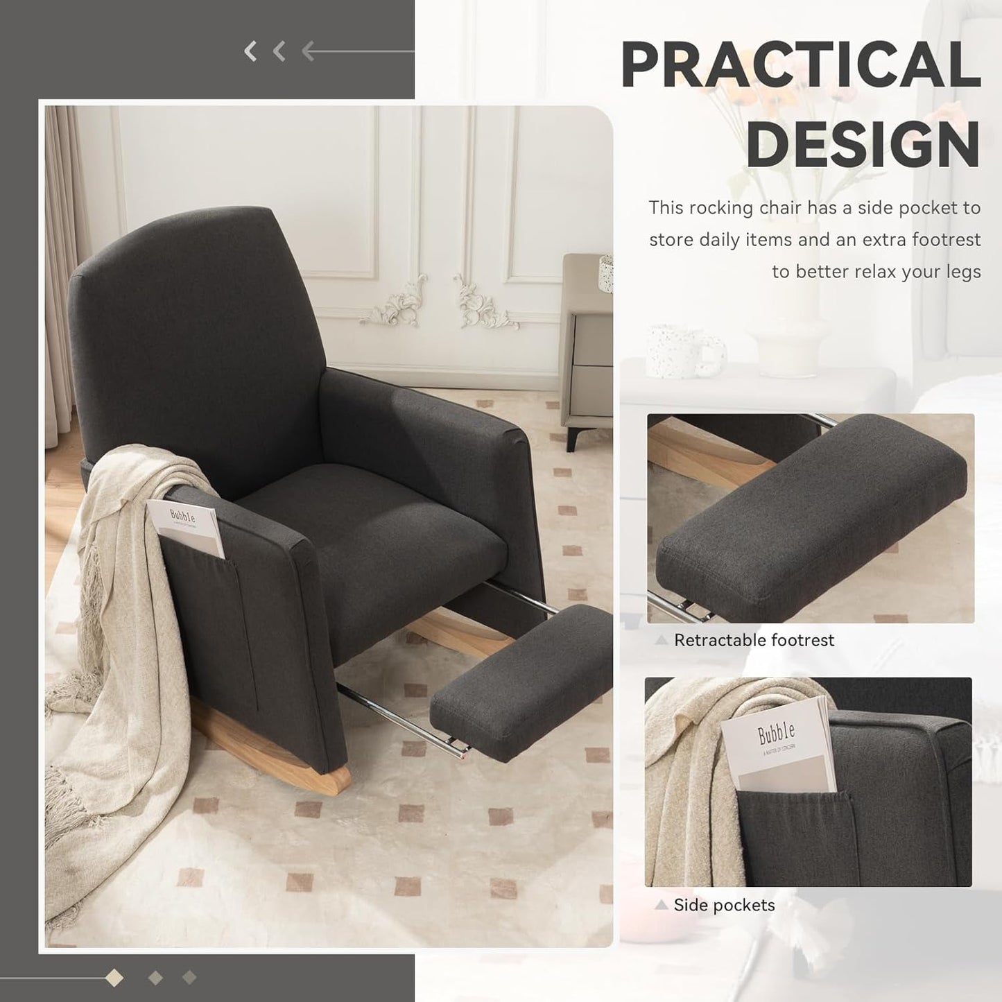 FOXHUNTER Rocking Chair Nursery with Adjustable Footrest and High Backrest, Upholstered Glider Chairs with Side Pockets for Nursery, Rocker Armchair Indoor for Living Room, Dark Gray