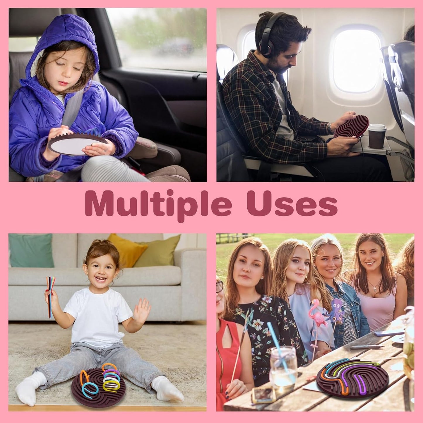 Sensory Activity Board Silicone Fidget Toys with Travel Bag and 13 Strings for Adults Kids Anxiety Relief Stress, ADHD & Autism (Purple, 6.6in)