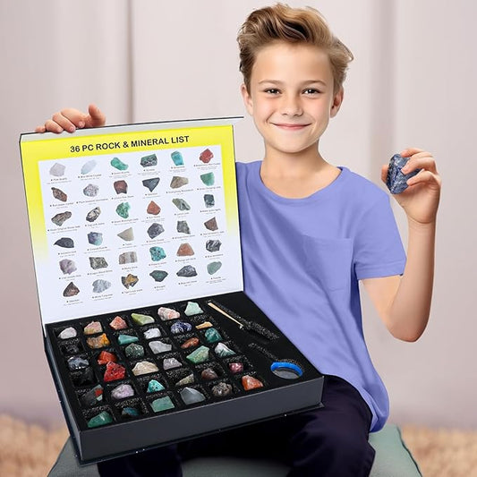Rock Collection for Kids - 36pc Cool Rocks and Gems Stones Crystals Kit - Rocks and Minerals Science Kit with Leaning Guide - Earth Science Activity Kit - Rock Collection Box for Kids
