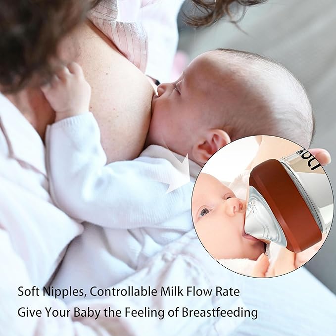 Natural Glass Baby Bottle for Breastfeeding Babies, 8oz Anti-Colic Baby Bottle with Natural Response Nipple(M), Clear, Wide Neck, 2 Pack, 3 Months+