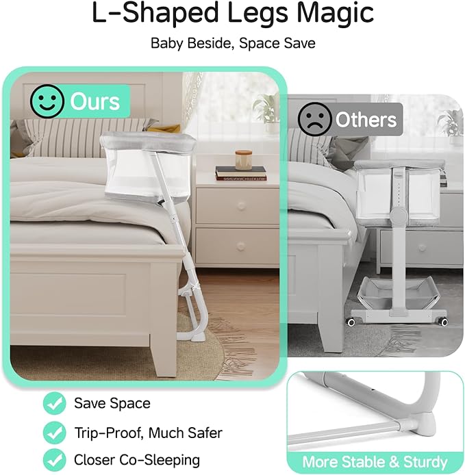 Cowiewie Bassinet Bedside Sleeper,Baby Bassinets Higher Place on Bed,5-Position Adjustment Baby Crib,Breathable 360°All-Around Mesh Sides Bedside Bassinet,Space-Saving Bedside Cribs, (Light Grey)