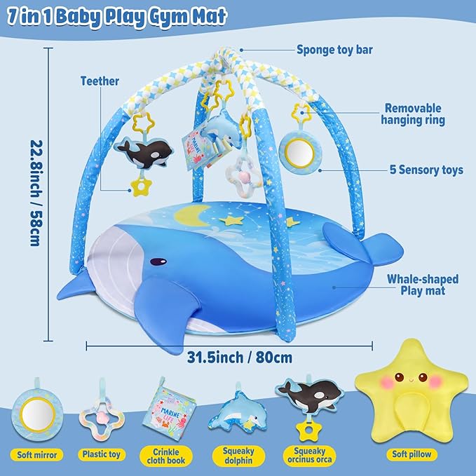 Dr.Rapeti 31x31inch Baby Play Mat, Activity Baby Play Gym with Arch, Playmats & Floor Gyms, Detachable Mirror and Squeaky Soft Set, Thick Non-Toxic Playmats