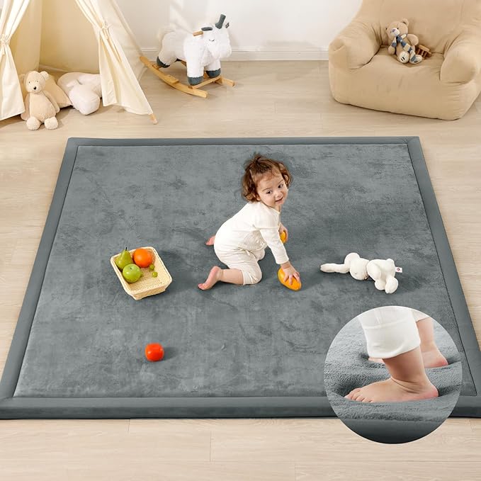 1.3" Thick Baby Play Mat for Floor, 79x118 Large Foam Tummy Time Mat, Padded Support Soft Plush Nursery Rug for Infant Kids Toddler Crawling Kick Activity (Dark Grey)