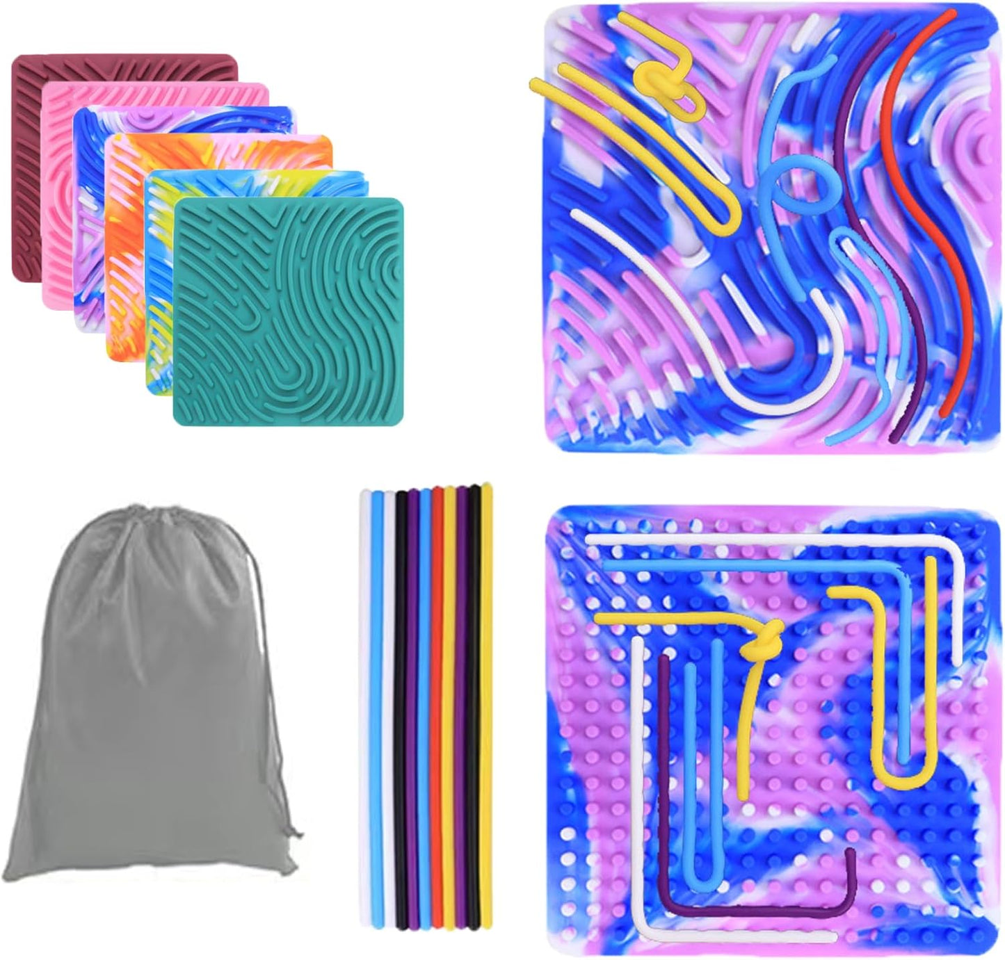 Sensory Activity Board, Silicone Fidget Toy Silent, No Mess for Calming/Stress/Anxiety/ADHD & Autism Kids & Adults, Travel Sensory Activity Board with Portable Storage Bag & 20 Strings