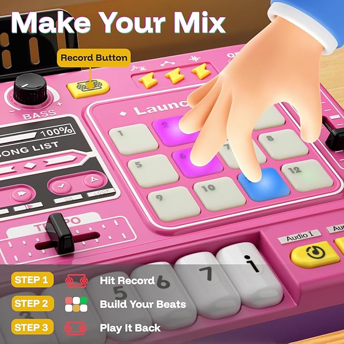 Baby DJ Table, Toddlers DJ Mixer Toy Sets with Lights, Songs, Sound Effects, Microphone, Baby Electronic Piano Sets, Chiristmas Birthday Gifts for 3 4 5 6 Years Old Girls