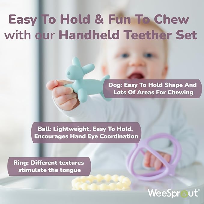 WeeSprout Silicone Baby Teether Toys for Infant Babies and Toddlers, Cute Ring, Puppy Dog, and Ball, Soft and Flexible, BPA Free, Boys and Girls (Matte Dark Gray, Blue & Green)