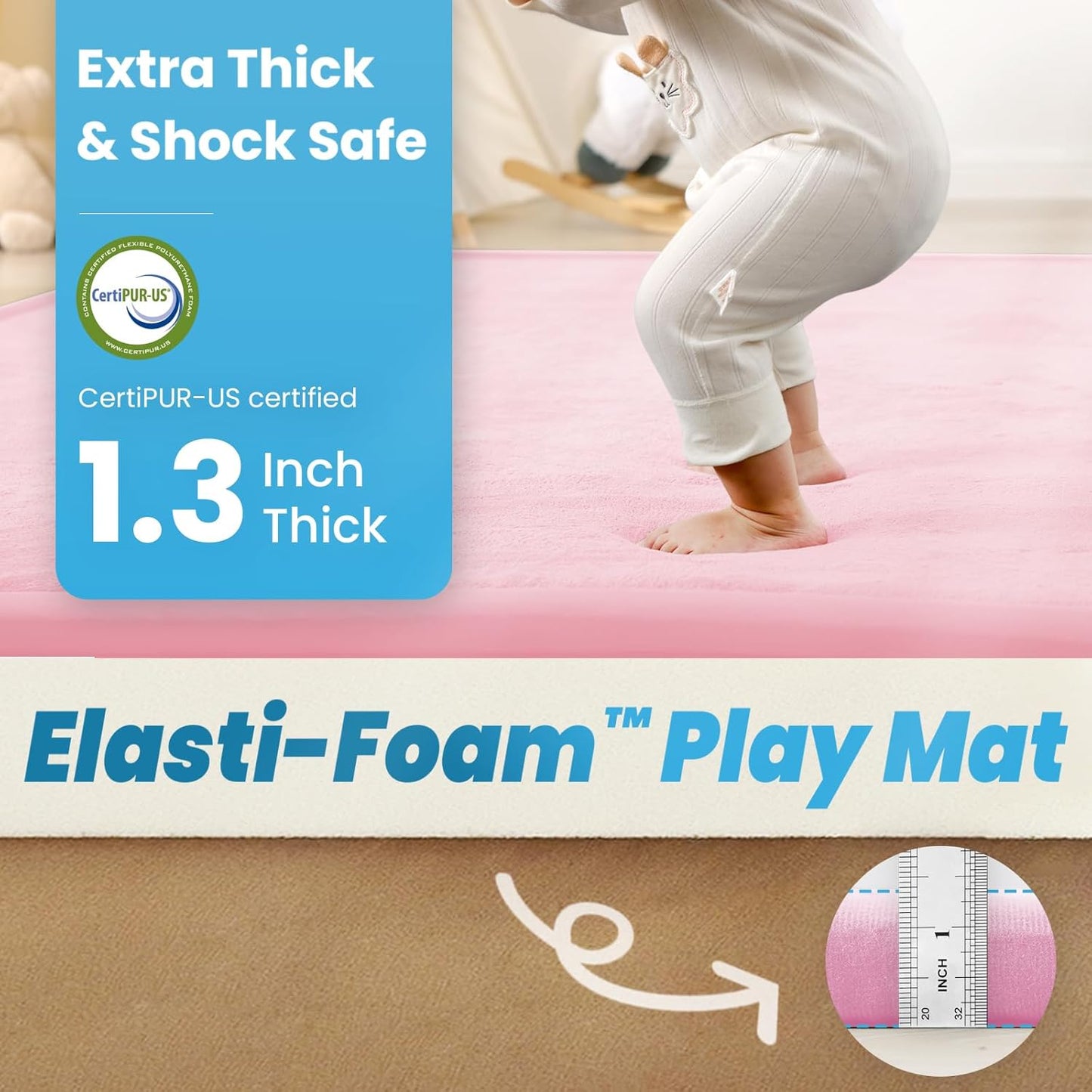 Baby Play Mat for Kids Room,Extra Thick Elasti-Foam Anti-Fall Cushion Mat for Babies,Toddlers,Infants,Water-Repellent&Non-Slip Bedroom Bedside Rugs(Pink)