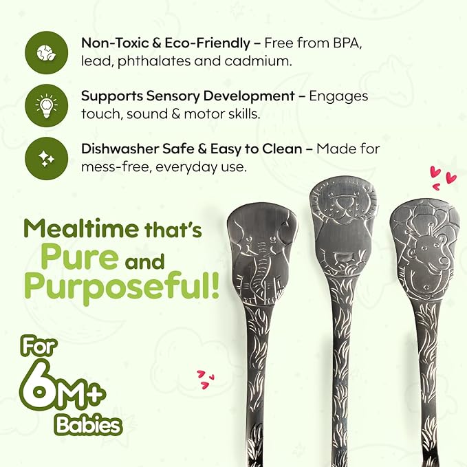 Kleynimals Safari Friends Made in USA Baby Flatware – 100% Stainless Steel Baby Forks and Spoons, Non-Toxic, BPA-Free, Eco-Friendly, Dishwasher Safe – Safe Utensils for Babies & Toddlers
