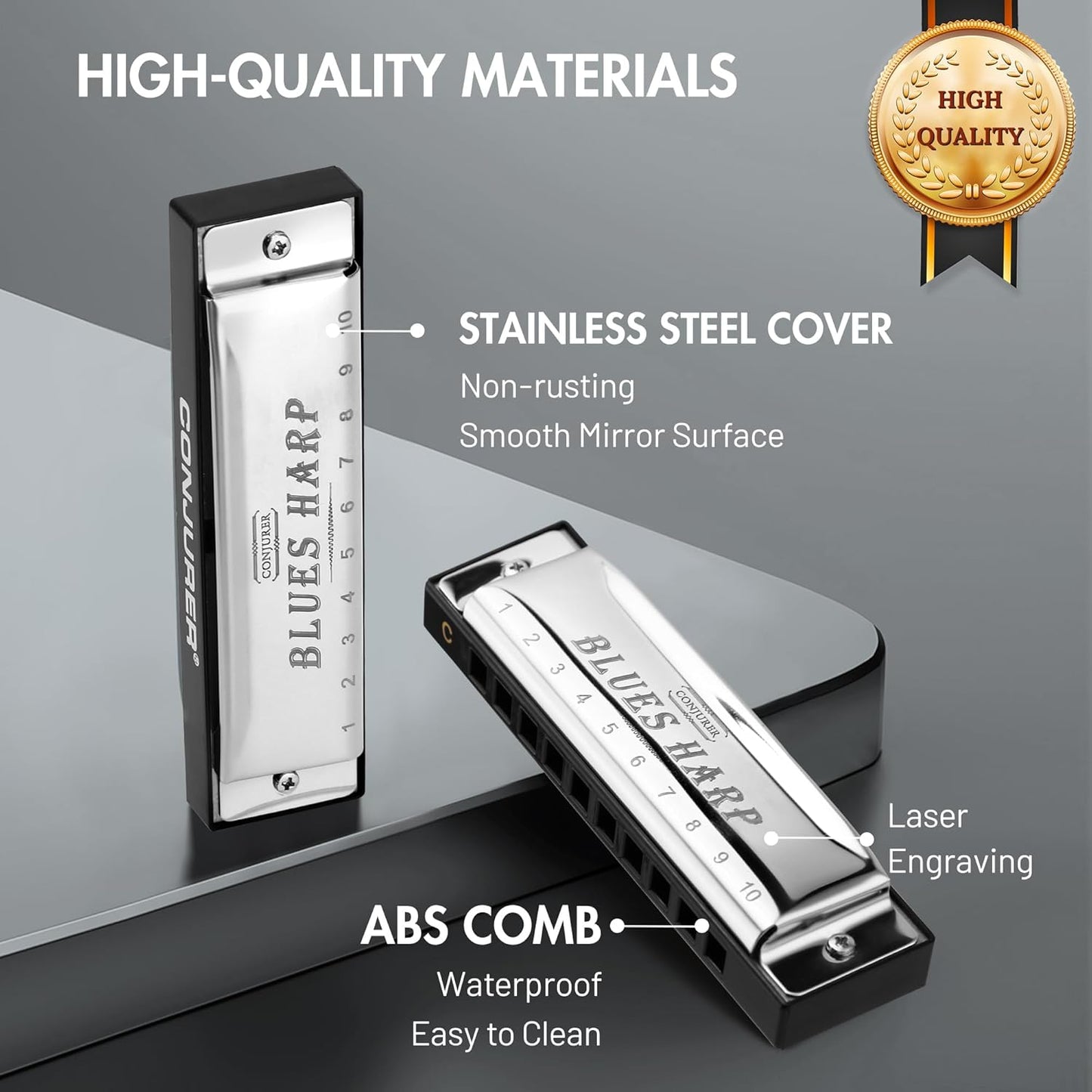 CONJURER Blues Harmonica for Beginners, 10 Hole C Key Diatonic Blues Harp with Stainless Steel Cover & Phosphor Bronze Reeds, Professional Grade for Adults, Gifts (Silver C)