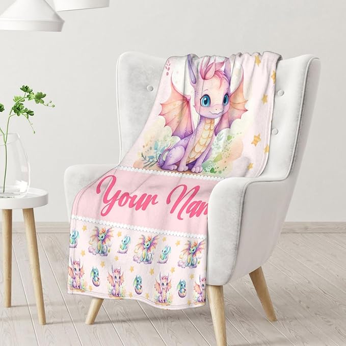 Custom Dragon Blanket Gifts with Name - 30x40 Inches Cute Throw Blanket for Babies, Kids, Boys & Girls - Pink Soft Fuzzy Blankets for Couch, Sofa & Bed