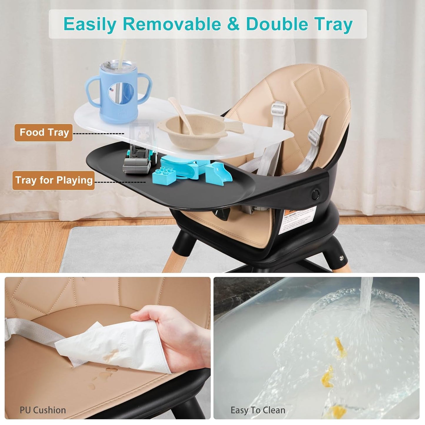 Baby High Chair, 6 in 1 Wooden Convertible High Chairs for Babies and Toddlers, Booster Seat with Double Tray & Reversible Footrest, 5-Point Harness Infants Feeding Seat, Black