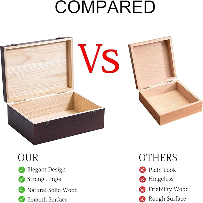 Wooden Storage Box with Hinged Lid and Front Clasp, Large Wood Storage Box, Wood Boxes Gift Boxes for Crafts Art Hobbies and Valentine's Day Decoration - 12.2''x8.6''x4.7'',Vintage Color