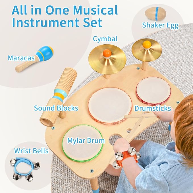 WINYGZ Toddler Drum Set – 11 in 1 Kids Musical Instruments with Resonant Drums, Cymbals, Maracas, Wrist Bells & More, Wooden Montessori Music Table for Ages 1-6