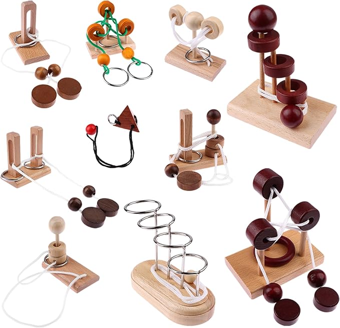 10 PCS Wooden Rope Puzzle Set Brain Teasers Puzzles Mind Toys for Adults Boys Girls Wooden Threading Rope Loop Toy Mind Toys Educational Toy-s for Family Game Educational Challenge Party Favor