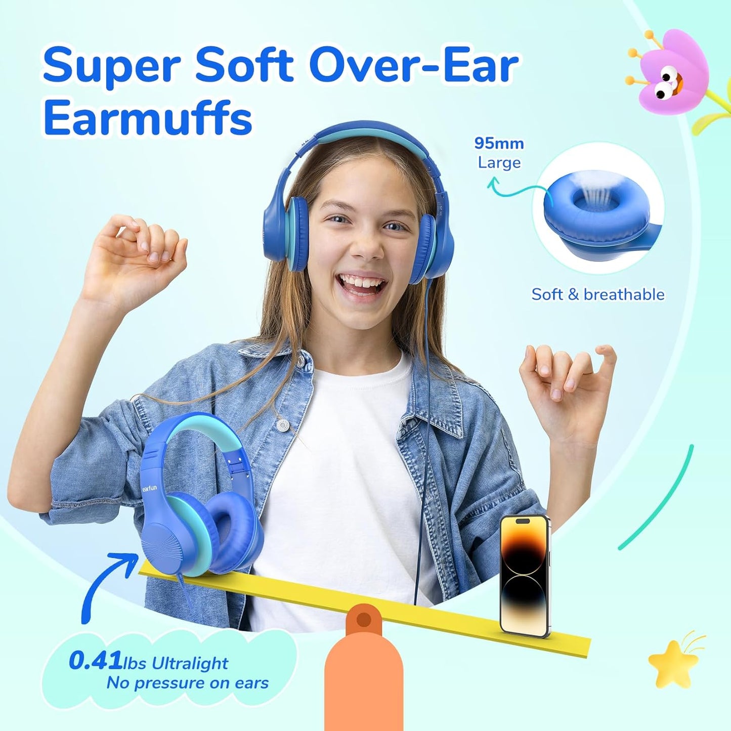 EarFun K3 Kids Headphones, Over Ear Headphones for Kids, Volume Limit, HD Stereo Sound, USB-C Cable, Comfortable Fit, Foldable Wired Headphones for School/Travel/Boys/Girls/Tablet/iPad, Blue
