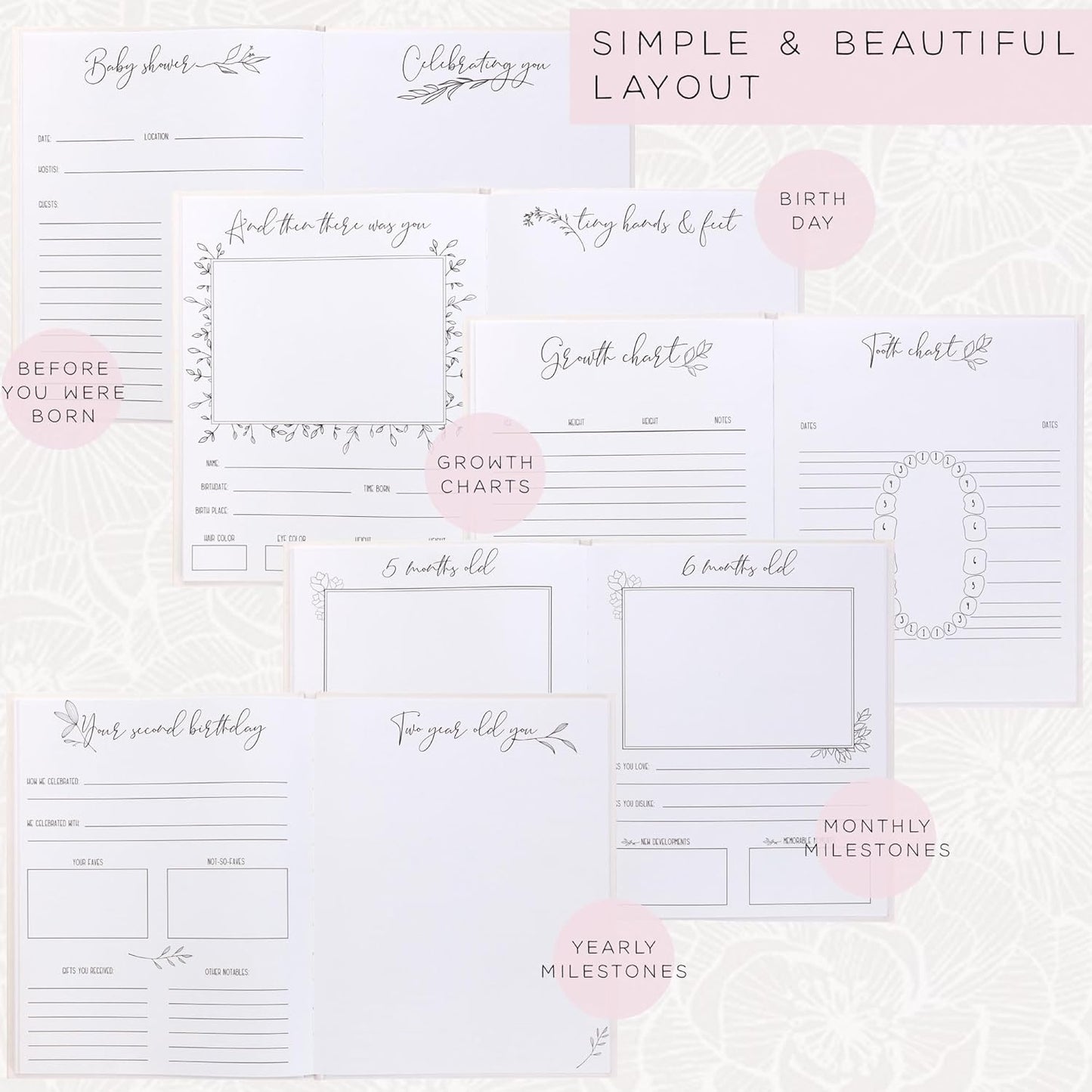 Baby Memory Book for the Modern Minimalist - Simple Baby Book for Girl - First Years Journal - Monthly Milestone Keepsake Record Book - Pregnancy Gift for Baby Shower (Pink)