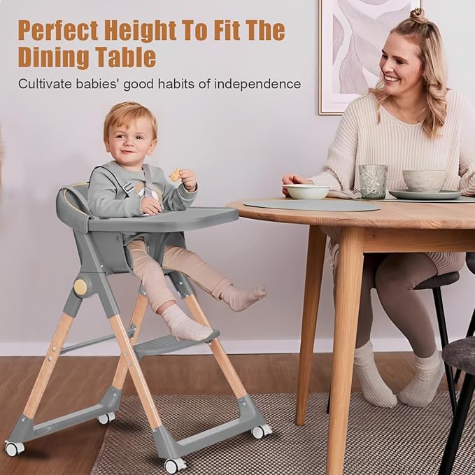 Baby High Chair, High Chairs for Babies and Toddlers, Convertible Folding High Chair with Wheels, Removable Tray 5 Point Harness Footrest Detachable PU Cushion, Portable Highchair for Baby Toddlers