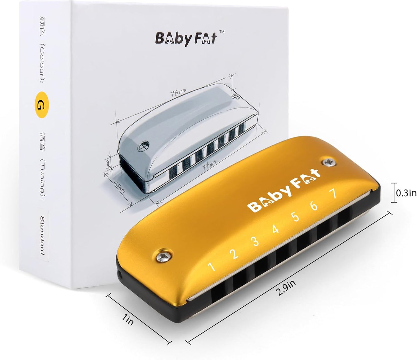 BabyFat 7 Hole Blues Mini Harmonica Set,Diatonic Harmonica with free lanyards,Gifts for Professional Players and Beginners,Easy-playing Musical Instrument(Key of G）